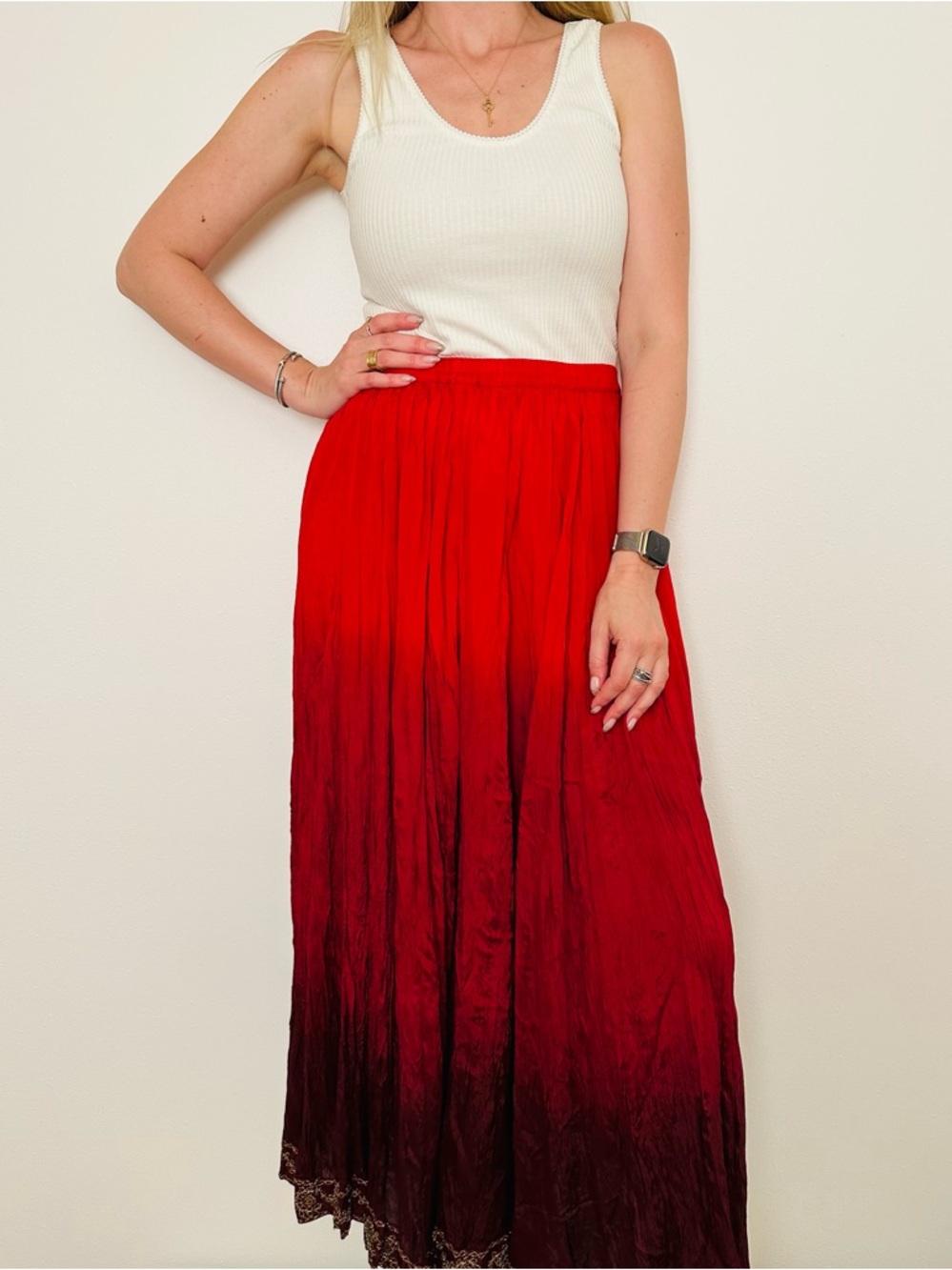 Chico's Ombre Maxi Skirt Red Burgundy Embroidered Sequin